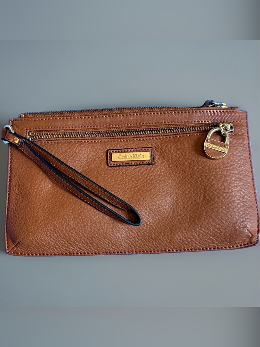Calvin Klein Brown Pebbled Leather Wristlet with Gold Hardware
